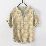 Buddha Stones Cotton Oriental Floral Cloud Wave Pattern Men's Short Sleeve Half Button Shirt