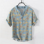Buddha Stones Cotton Oriental Floral Cloud Wave Pattern Men's Short Sleeve Half Button Shirt