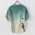 Buddha Stones Cotton Hand Drawn Cat Dandelion Pattern Men's Short Sleeve Half Button Shirt