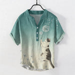 Buddha Stones Cotton Hand Drawn Cat Dandelion Pattern Men's Short Sleeve Half Button Shirt