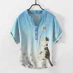 Buddha Stones Cotton Hand Drawn Cat Dandelion Pattern Men's Short Sleeve Half Button Shirt