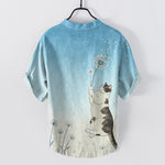 Buddha Stones Cotton Hand Drawn Cat Dandelion Pattern Men's Short Sleeve Half Button Shirt