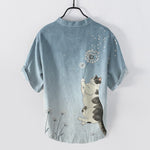 Buddha Stones Cotton Hand Drawn Cat Dandelion Pattern Men's Short Sleeve Half Button Shirt