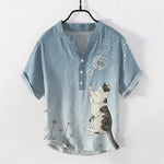 Buddha Stones Cotton Hand Drawn Cat Dandelion Pattern Men's Short Sleeve Half Button Shirt