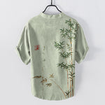 Buddha Stones Cotton Bamboo Ink Wash Pattern Men's Short Sleeve Half Button Shirt