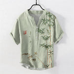 Buddha Stones Cotton Bamboo Ink Wash Pattern Men's Short Sleeve Half Button Shirt