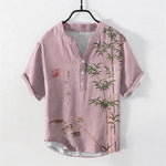 Buddha Stones Cotton Bamboo Ink Wash Pattern Men's Short Sleeve Half Button Shirt