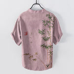 Buddha Stones Cotton Bamboo Ink Wash Pattern Men's Short Sleeve Half Button Shirt