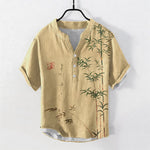 Buddha Stones Cotton Bamboo Ink Wash Pattern Men's Short Sleeve Half Button Shirt