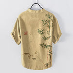 Buddha Stones Cotton Bamboo Ink Wash Pattern Men's Short Sleeve Half Button Shirt