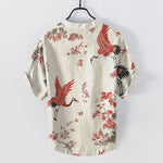 Buddha Stones Cotton Red Crane Floral Pattern Men's Short Sleeve Half Button Shirt