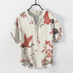 Buddha Stones Cotton Red Crane Floral Pattern Men's Short Sleeve Half Button Shirt