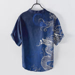 Buddha Stones Cotton Large White Dragon Pattern Men's Short Sleeve Half Button Shirt