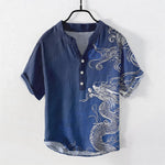 Buddha Stones Cotton Large White Dragon Pattern Men's Short Sleeve Half Button Shirt