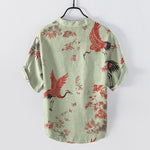 Buddha Stones Cotton Red Crane Floral Pattern Men's Short Sleeve Half Button Shirt