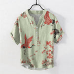 Buddha Stones Cotton Red Crane Floral Pattern Men's Short Sleeve Half Button Shirt