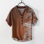 Buddha Stones Cotton Large White Dragon Pattern Men's Short Sleeve Half Button Shirt