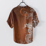 Buddha Stones Cotton Large White Dragon Pattern Men's Short Sleeve Half Button Shirt