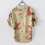 Buddha Stones Cotton Red Crane Floral Pattern Men's Short Sleeve Half Button Shirt