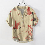 Buddha Stones Cotton Red Crane Floral Pattern Men's Short Sleeve Half Button Shirt