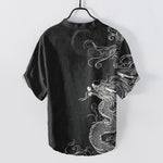 Buddha Stones Cotton Large White Dragon Pattern Men's Short Sleeve Half Button Shirt