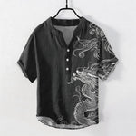 Buddha Stones Cotton Large White Dragon Pattern Men's Short Sleeve Half Button Shirt