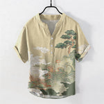 Buddha Stones Cotton Ink Pine Wave Pattern Men's Short Sleeve Half Button Shirt