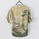 Buddha Stones Cotton Ink Pine Wave Pattern Men's Short Sleeve Half Button Shirt