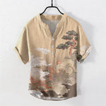 Buddha Stones Cotton Ink Pine Wave Pattern Men's Short Sleeve Half Button Shirt