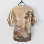 Buddha Stones Cotton Ink Pine Wave Pattern Men's Short Sleeve Half Button Shirt