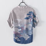 Buddha Stones Cotton Ink Pine Wave Pattern Men's Short Sleeve Half Button Shirt