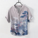 Buddha Stones Cotton Ink Pine Wave Pattern Men's Short Sleeve Half Button Shirt