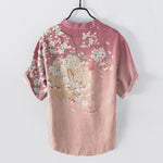 Buddha Stones Pure Cotton Cherry Blossom Watercolor Pattern Men's Short Sleeve Half Button Shirt