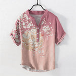 Buddha Stones Pure Cotton Cherry Blossom Watercolor Pattern Men's Short Sleeve Half Button Shirt