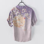 Buddha Stones Pure Cotton Cherry Blossom Watercolor Pattern Men's Short Sleeve Half Button Shirt