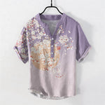 Buddha Stones Pure Cotton Cherry Blossom Watercolor Pattern Men's Short Sleeve Half Button Shirt