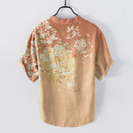 Buddha Stones Pure Cotton Cherry Blossom Watercolor Pattern Men's Short Sleeve Half Button Shirt