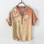 Buddha Stones Pure Cotton Cherry Blossom Watercolor Pattern Men's Short Sleeve Half Button Shirt