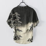 Buddha Stones Cotton Ink Wash Landscape Pattern Men's Short Sleeve Half Button Shirt
