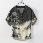 Buddha Stones Cotton Ink Wash Landscape Pattern Men's Short Sleeve Half Button Shirt