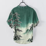 Buddha Stones Cotton Ink Wash Landscape Pattern Men's Short Sleeve Half Button Shirt