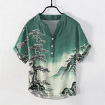 Buddha Stones Cotton Ink Wash Landscape Pattern Men's Short Sleeve Half Button Shirt