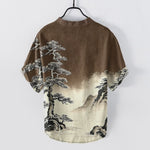 Buddha Stones Cotton Ink Wash Landscape Pattern Men's Short Sleeve Half Button Shirt