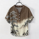 Buddha Stones Cotton Ink Wash Landscape Pattern Men's Short Sleeve Half Button Shirt
