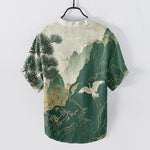 Buddha Stones Cotton Oriental Mountain Crane Landscape Pattern Men's Short Sleeve Half Button Shirt