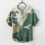 Buddha Stones Cotton Oriental Mountain Crane Landscape Pattern Men's Short Sleeve Half Button Shirt
