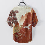 Buddha Stones Cotton Oriental Mountain Crane Landscape Pattern Men's Short Sleeve Half Button Shirt