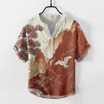 Buddha Stones Cotton Oriental Mountain Crane Landscape Pattern Men's Short Sleeve Half Button Shirt