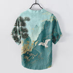 Buddha Stones Cotton Oriental Mountain Crane Landscape Pattern Men's Short Sleeve Half Button Shirt