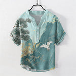 Buddha Stones Cotton Oriental Mountain Crane Landscape Pattern Men's Short Sleeve Half Button Shirt